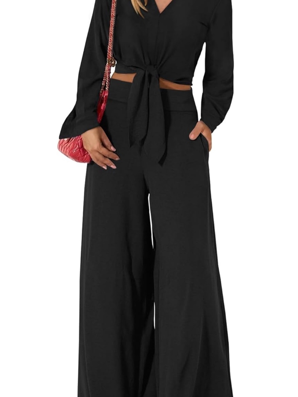 High-Rise Black Wide-Leg Palazzo Pants with tie front top new